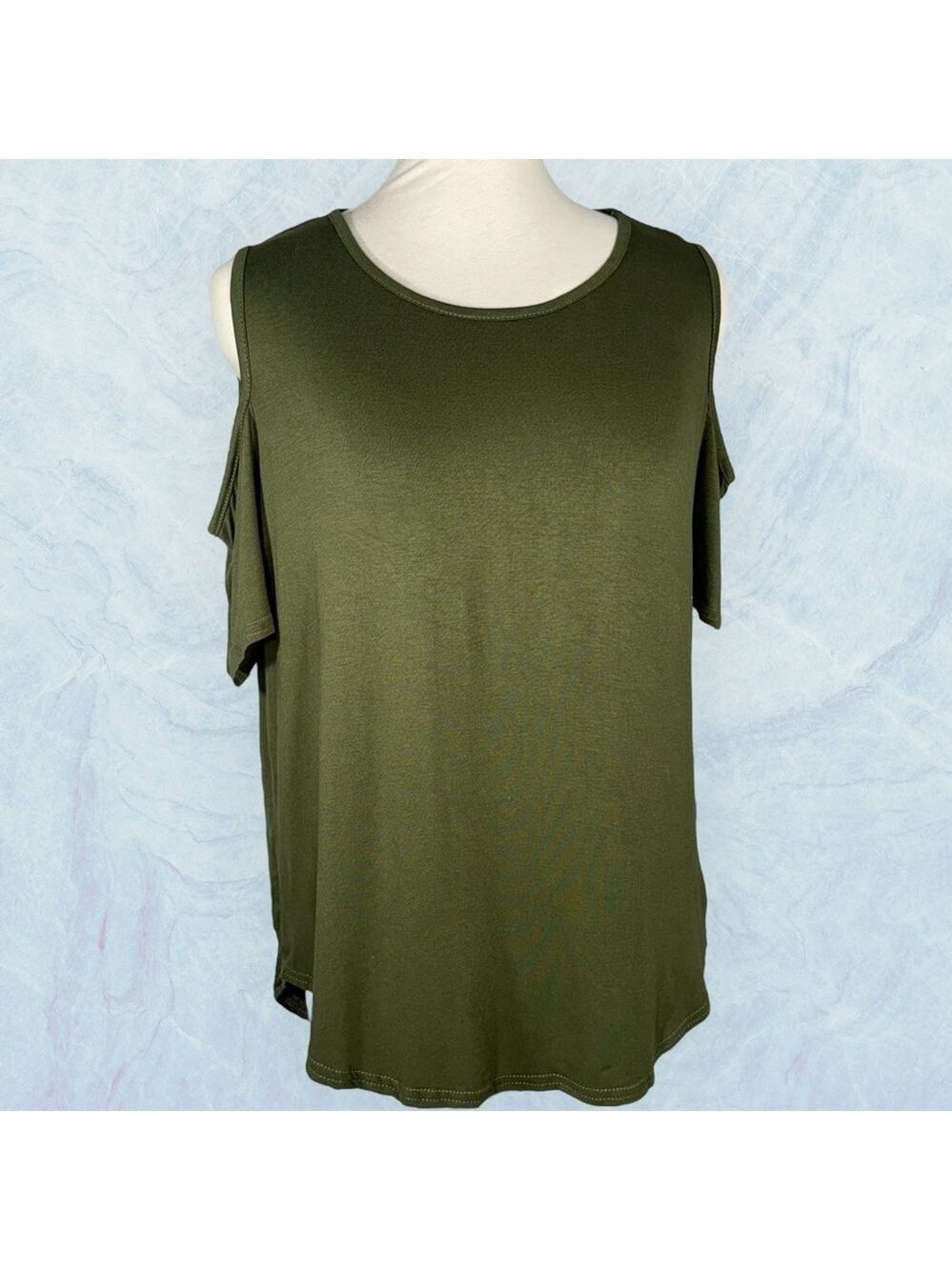 Boohoo t-shirt top cold shoulder round curved hem crew neck khaki green size 10